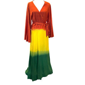 Karan Womens Wrap Dress Free Size Rayon Cotton Sunset Colorful Flutter Sleeve